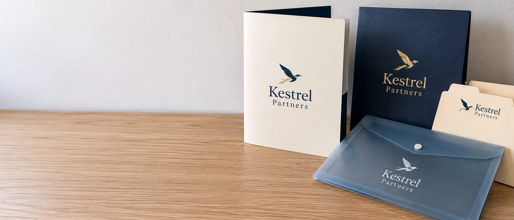 Custom printed presentation folders with one logo on a light oak table